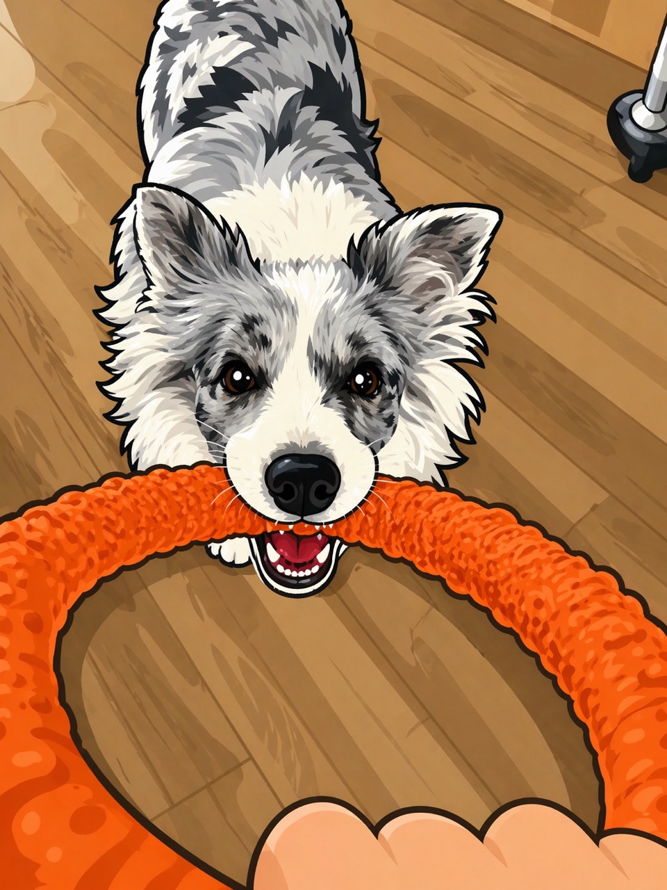 Ami the merle border collie in a playful cartoon close-up
